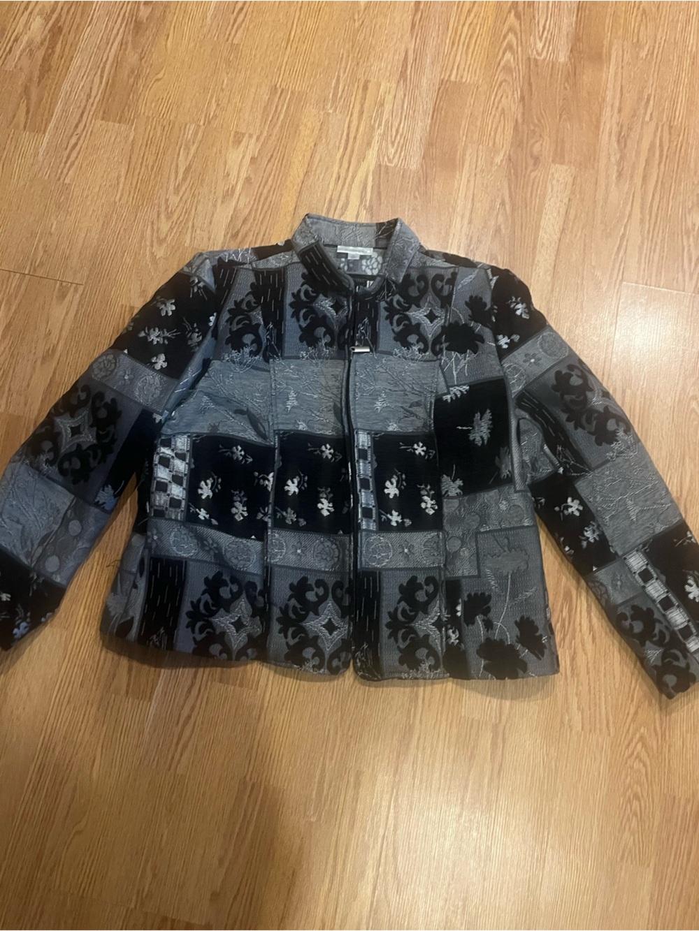 dressbarn Black and Gray Patchwork Zip Jacket